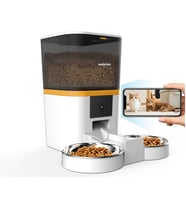 Haustier QQ005-Dual Kameralı Akıllı Kedi Köpek Otomatik Mama Kabı, App Uzaktan Kontrol, Sesle Çağırma, 480P Kamera, 6lt Hazne, Çift Metal Kase (Beyaz)
