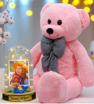 Kişiye Özel Premium Hediye Seti  Led Işıklı Fanus ve 80cm Büyük Boy Pembe Peluş Ayıcık (Model 10)