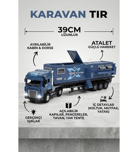 Oyuncak Tır Ve Karavan Seti - 39cm Büyük Boy Metal Kupa Işıklı Sesli Çek Bırak Oyuncak Araba