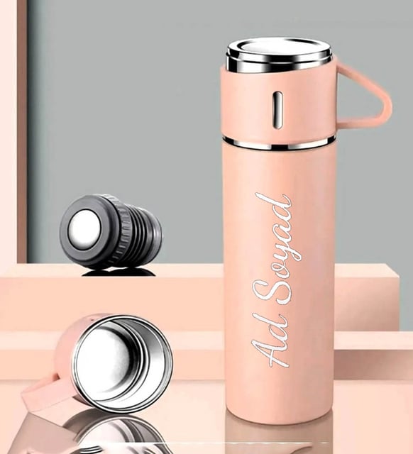Kişiye Özel İsimli Premium Tasarım 500 ML Bardaklı Paslanmaz Çelik Pembe Termos