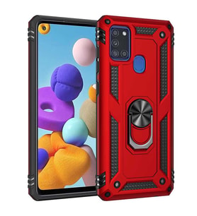 Samsung Galaxy A21S Kılıf Metal For Car Yüzüklü Standlı Military Ring Serisi (Kırmızı)
