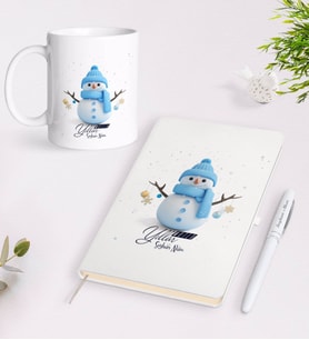BK Gift Kişiye Özel Yılbaşı Mutlu Yıllar Tasarımlı Beyaz Defter Kalem Kupa Seti - 1
