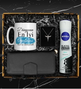 Öğretmenler Gününe Özel Dünyanın En İyi Öğretmeni Kupası & Deodorant & Kadın Cüzdanı & Gümüş Renk Kaplama Melek Kolye