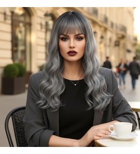 Daalı Kısa Perçemli Fiber Sen Peruk / Siyah / Gri Ombreli