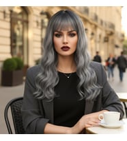 Daalı Kısa Perçemli Fiber Sen Peruk / Siyah / Gri Ombreli