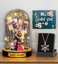 İsimli 3 Fotoğraflı Işıklı Fanus ve Gerçek Ametist Taşlı Lotus Kolye (Model 8)