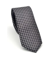 Kahverengi Piti Kare Desenli Vizon Dokuma Kumaş Mendilli Slim Fit Kravat // SDK-2503-3