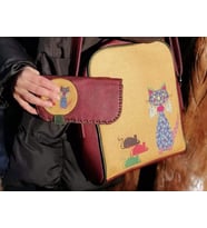 Fare Kedi Figürlü Büyük Postacı Kol Çantası Etnik Bohem Style Çanta Cüzdan Çanta Bordo, Cüzdan Bordo Kombin