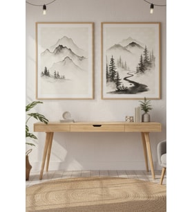 Dağ Manzarası 2’li Ahşap Çerçeveli Tablo Seti - Minimalist Doğa Dekoru