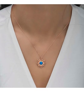 ?Gümüş Rose Mavi Opal Taşlı Güneş Kadın Kolye