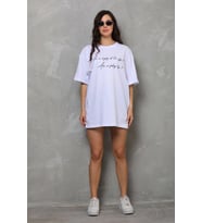 Kadın Kısa Kol Yazlık Tişört Bisiklet Yaka Baskılı Oversize T-Shirt - Beyaz