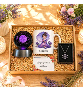Kişiye Özel İsimli Kupa & Işıklı Küre Romantik & Lotus Kolye Hediye Kutusu