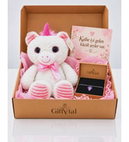 Peluş Unicorn & Mor Kalp Bileklik Hediye Seti