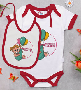 BK Kids Tiizesinin Kızçesi Tasarımlı Kırmızı Bebek Body Zıbın ve Mama Önlüğü Hediye Seti-1
