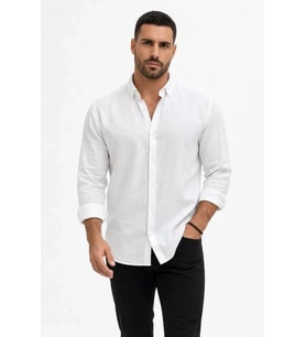 Erkek KETEN Kumaş Oversize Uzun Kollu Rahat Kalıp Gömlek - Beyaz