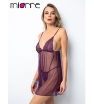 İnce Askılı Güpürlü Taşlı Tül Babydoll Takım (Mor)