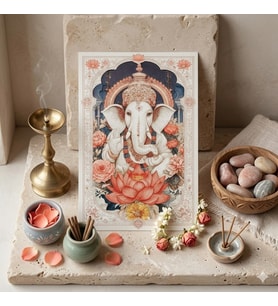 Engel Kaldıran Lord Ganesha Tablosu - Şans ve Bilgelik Sembolü Ahşap Baskı - Hinduizm Sunak (Altar)