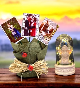 Size Özel 3 Fotoğraflı YEŞİL Saksı ve Led Işıklı Beyaz Melekli Fanus Seti