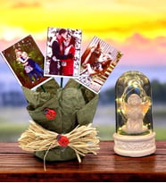 Size Özel 3 Fotoğraflı YEŞİL Saksı ve Led Işıklı Beyaz Melekli Fanus Seti