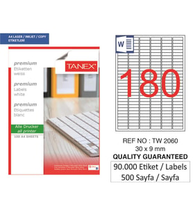 Tanex Lazer Etiket tw-2060 500 A4 Sayfa Laser Etiket 30 X 9 mm Boyutunda 1 A4 Sayfada 180 Etiket