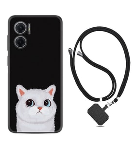 Xiaomi Redmi Note 11E Kılıf Resimli Boyun Askılı İpli Desenli Silikon Series White Cat 1835