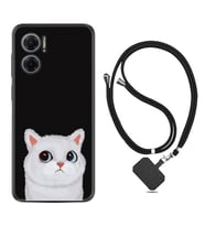 Xiaomi Redmi Note 11E Kılıf Resimli Boyun Askılı İpli Desenli Silikon Series White Cat 1835