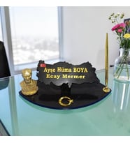 Sümen Ofis için Doğal Siyah Mermer İsimlik Gold Tasarımlı Kalem ve Atatürk , Metal Ay Yıldız