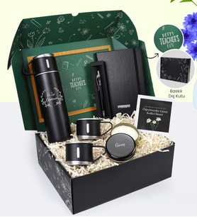 Öğretmene Özel 3 Bardaklı 580 ML Çelik Termos & Gümüş Renk Detaylı Siyah Tükenmez Kalem & Defter & Siyah Metal Kutulu Mum Hediye Seti