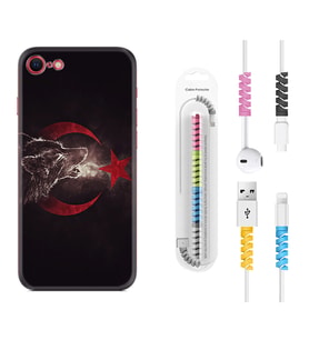 Apple iPhone 5 6 7 8 Plus Se XR Kılıf Kablo Koruma Spiral Silikon Kurt ve Ay Yıldız 1403
