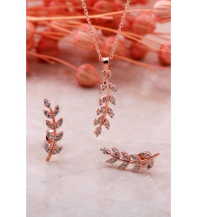 Yaprak Tasarım Beyaz Rose Gümüş İkili Set 2344