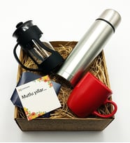 Özel Deri Kılıflı Termos & French Press & Kırmızı Kupa Hediye Seti