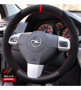 Opel Astra H Dikme Direksiyon Kılıfı Alcantara Süet Mat Karbon Kırmızı Yüzük ve Dikiş 2004-2014