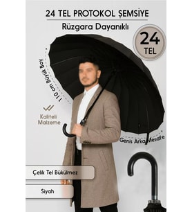 Rüzgarlı Havalara Dayanıklı 24 Tel Siyah Baston Şemsiye
