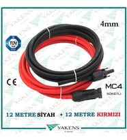 Mc4 Soketli (12m+12m) 24 Metre 4mm Güneş Paneli Hazır Solar Kablo Siyah Kırmızı