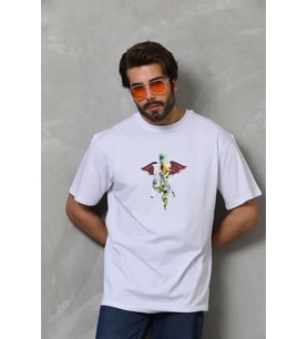 Erkek Baskılı T-Shirt Kısa Kol Bisiklet Yaka Regular Fit Rahat Kalıp Tişört - Beyaz