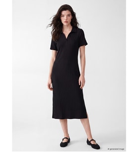LCW Comfort Siyah Polo Yaka Yırtmaçlı Fitilli Elbise