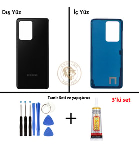 Samsung Galaxy S20 Ultra Siyah Renk Arka Kapak + Tamir Seti + B7000 Yapıştırıcı Arka Cam Batarya Kapağı Pil Kapağı Lazer Kesim Back Cover Galaxy S20 Ultra Uyumlu