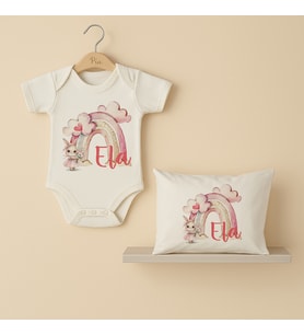Pia Baby Premium %100 Pamuk İsme Özel Organik Baskılı Çıtçıtlı Bebek Body Ve Yastık Kılıfı 5042-19 (Ekru)