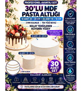 30’lu Profesyonel MDF Pasta Altlığı Seti – 10 Adet 20×20 cm + 20 Adet 10×10 cm – Kare/Yuvarlak – Lazer İşleme Seçenekli