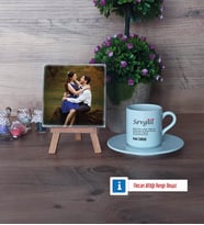 Sevgiliye Hediye Fotoğraflı Dekoratif Taş, Ahşap Altlıklı Türk Kahvesi Fincanı Hediye (Model 2)