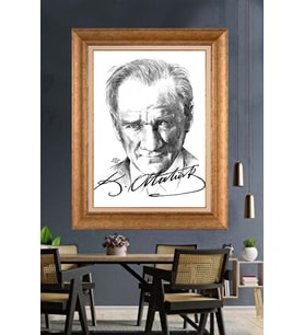 Altın Varaklı Çerçeveli Paspartulu Atatürk Tablo nh77 (Gold)