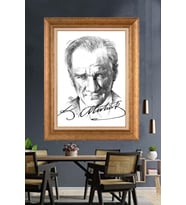 Altın Varaklı Çerçeveli Paspartulu Atatürk Tablo nh77 (Gold)