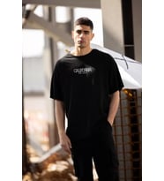 Unisex Bisiklet Yaka Baskılı Oversize T-Shirt - Siyah
