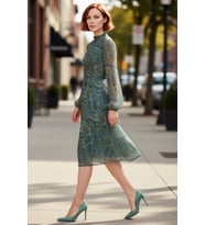 Moda Regular Gündüz Gece Şifon Dokuma Dik Yaka Uzun Kol A-Line Midi Boy Elbise (Lila)