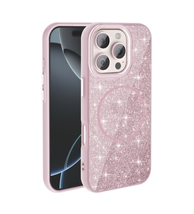 Apple iPhone 16 Pro Max Uyumlu Kılıf M-safe Şarj Özellikli Parlayan Simli Zore Okso Kapak (Pembe)