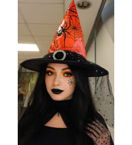 Hallowen Cadılar Bayramı Cadı Şapkası Tokalı Tüllü Turuncu Siyah Örümcek ve Ağ Desenli Korku Şapkası