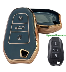 Proace Rifter Berlingo Combo DS Uyumlu Smart Kumanda Anahtar Kılıfı Oto Anahtarlık Turkuaz Gold (Turkuaz-Altın)