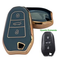 Proace Rifter Berlingo Combo DS Uyumlu Smart Kumanda Anahtar Kılıfı Oto Anahtarlık Turkuaz Gold (Turkuaz-Altın)