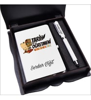 Tarih Öğretmeni Ahşap Kutuda Defter Kalem Seti