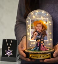 Fotoğraflı & Yazılı Led Işıklı Fanus ve Gerçek Ametist Taşlı Lotus Kolye Sevgiliye Anlamlı Hediye (Model 10)